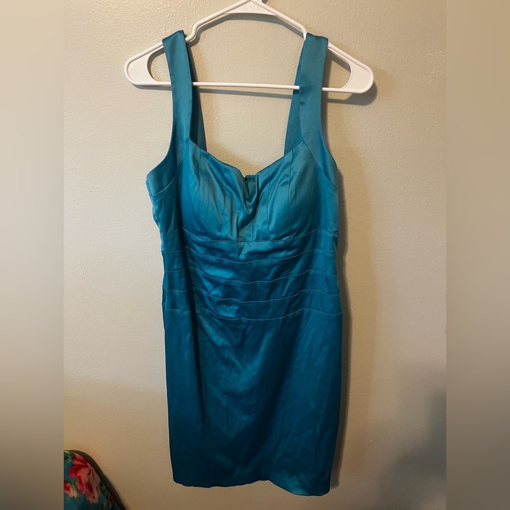 Bisou Bisou Teal Blue Satin Finish Fitted Ruched dress Size 14